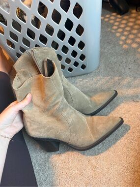 Zara Suede Pointed-Toe Ankle Boots in Taupe